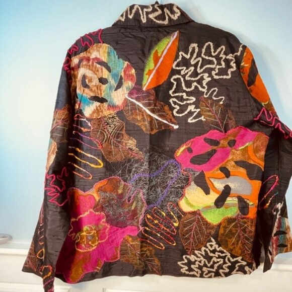 Chico's Pure Silk Embroidered Art to Wear Button Front Jacket Size L/12 - Picture 5 of 6